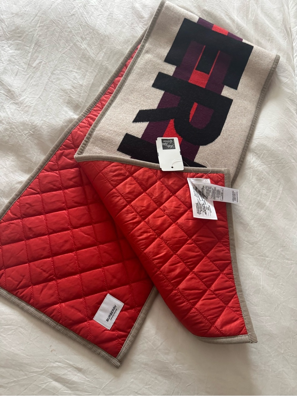 Burberry Red and Beige Quilted Reversible Logo Scarf (unisex)